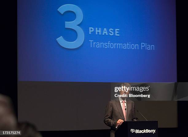 Thorsten Heins, chief executive officer of BlackBerry, speaks during the company's annual general meeting in Waterloo, Ontario, Canada, on Tuesday,...