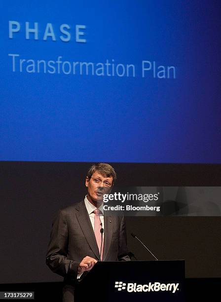 Thorsten Heins, chief executive officer of BlackBerry, speaks during the company's annual general meeting in Waterloo, Ontario, Canada, on Tuesday,...