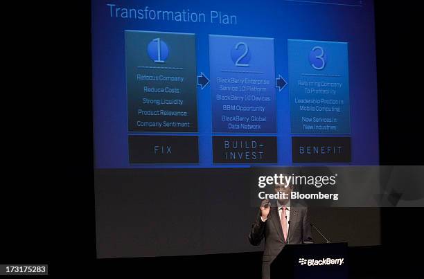 Thorsten Heins, chief executive officer of BlackBerry, speaks during the company's annual general meeting in Waterloo, Ontario, Canada, on Tuesday,...