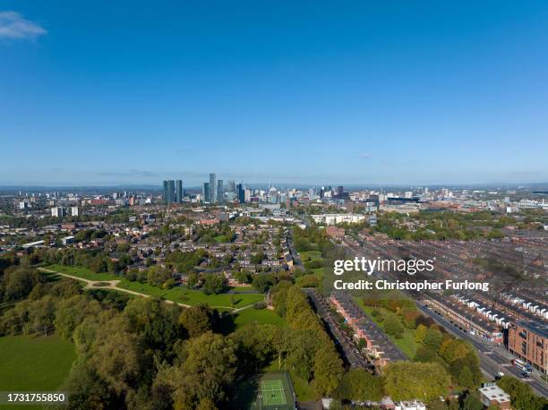 An aerial view over the city centre of Manchester on October 12, 2023 in Manchester, United Kingdom.