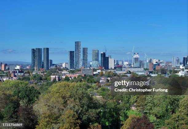 An aerial view over the city centre of Manchester on October 12, 2023 in Manchester, United Kingdom.
