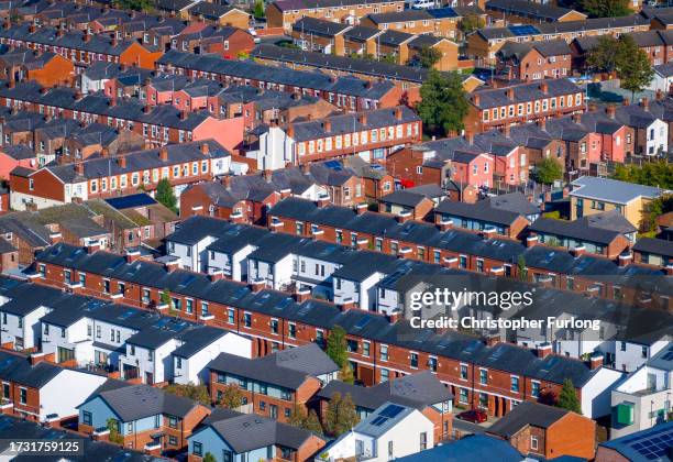 An aerial view of homes in the Moss Side area of Manchester on October 12, 2023 in Manchester, United Kingdom.