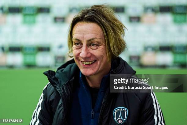 Paris FC Head Coach Sandrine Soubeyrand talks during the press conference during the UEFA Women's Champions League Qualifying Round 2 Second Leg...