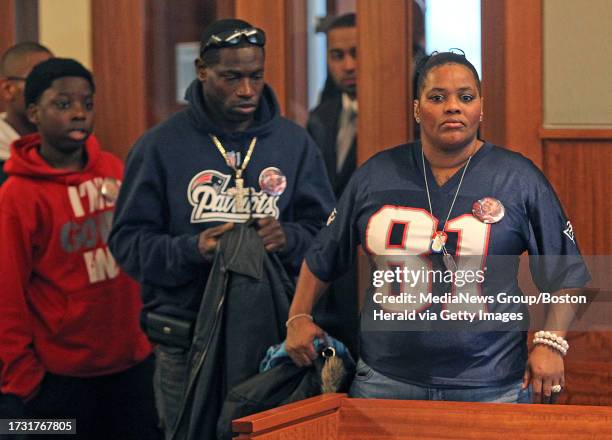 Former New England Patriots, Aaron Hernandez supporters and fans, Calvena DeVoe and fiancee Jarrod Bennett in court where Hernandez appeared at the...