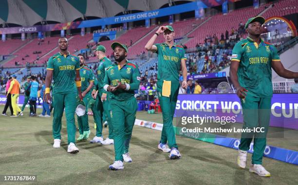 Temba Bavuma of South Africa looks on following the ICC Men's Cricket World Cup India 2023 between Australia and South Africa at BRSABVE Cricket...