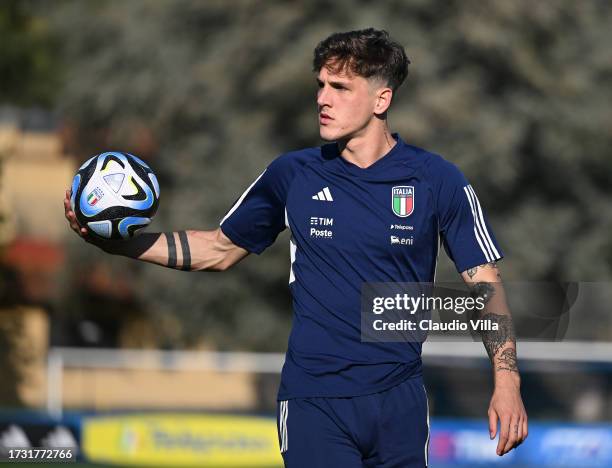Nicolo Zaniolo of Italy warms up during Italy training session at Centro Tecnico Federale di Coverciano on October 12, 2023 in Florence, Italy.