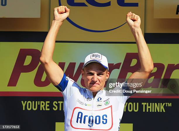 Marcel Kittel of Germany and Team Argos-Shimano celebrates on the podium after winning stage ten of the 2013 Tour de France, a 197KM road stage from...