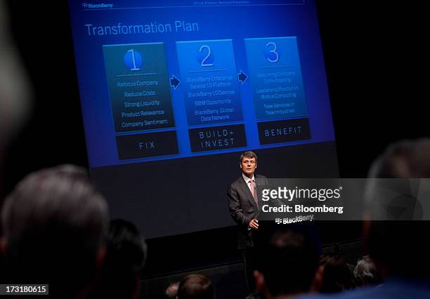 Thorsten Heins, chief executive officer of BlackBerry, speaks during the company's annual general meeting in Waterloo, Ontario, Canada, on Tuesday,...