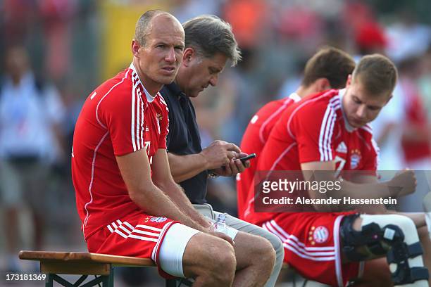 Arjen Robben of Bayern Muenchen looks on with during the friendly match between Brescia Calcio and FC Bayern Muenchen at Campo Sportivo on July 9,...