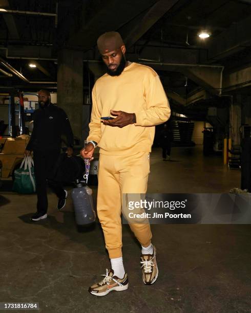 LeBron James of the Los Angeles Lakers arrives to the arena before the game on October 13, 2023 at Crypto.Com Arena in Los Angeles, California. NOTE...