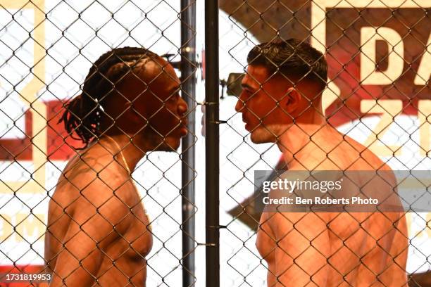 And Tommy Fury face off during a KSI v Tommy Fury - Prime Card Press Conference at Manchester Central on October 12, 2023 in Manchester, England.