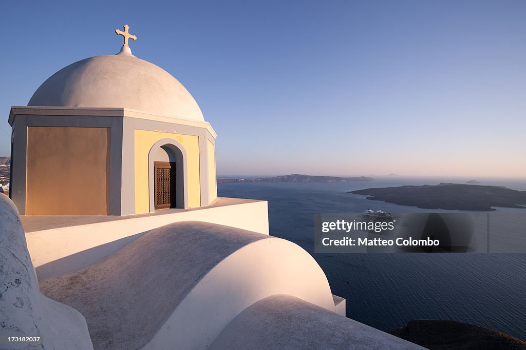 Famous church and cruise ship, Santorini, Greece