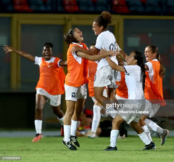 Ornella Graziani of France celebrates with her teammate her team's fourth goal during the 2023/24 UEFA European Women's Under-17 Championship Round 1...