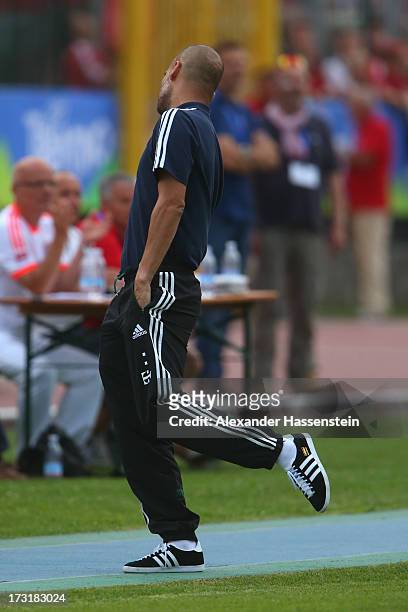 Head coach Josep Guardiola of FC Bayern Muenchen reacts during the friendly match between Brescia Calcio and FC Bayern Muenchen at Campo Sportivo on...