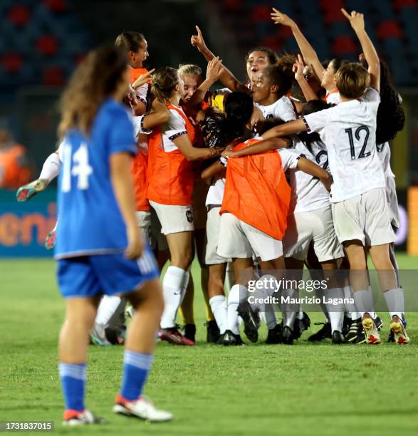 Players of France celebrate the victory after the 2023/24 UEFA European Women's Under-17 Championship Round 1 match between Italy and France at...