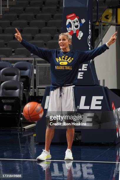 Assistant Coach Jenny Boucek of the Indiana Pacers looks on during the Jr. NBA event on October 14, 2023 at Gainbridge Fieldhouse in Indianapolis,...