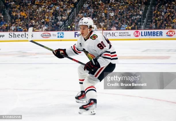 Connor Bedard of the Chicago Blackhawks plays in his first NHL game against the Pittsburgh Penguins at PPG PAINTS Arena on October 10, 2023 in...