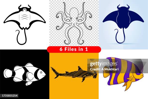 set of icons and illustration of the aquatic world. - giant octopus stock illustrations