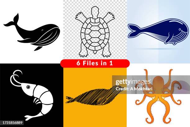 set of icons and illustration of the aquatic world. - giant octopus stock illustrations