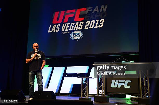 President Dana White conducts a Q&A session with fans during day one of the UFC Fan Expo Las Vegas 2013 at the Mandalay Bay Convention Center on July...