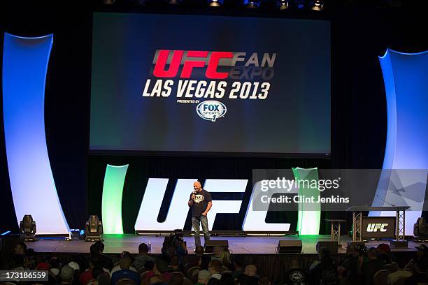 President Dana White conducts a Q&A session with fans during day one of the UFC Fan Expo Las Vegas 2013 at the Mandalay Bay Convention Center on July...