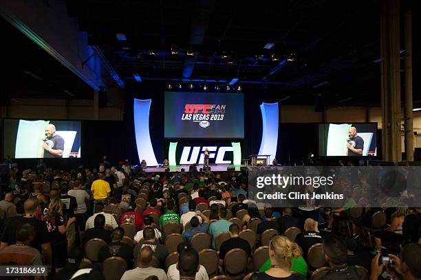 President Dana White conducts a Q&A session with fans during day one of the UFC Fan Expo Las Vegas 2013 at the Mandalay Bay Convention Center on July...