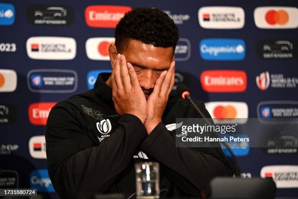 Ardie Savea of the All Blacks talks to the media during a press conference following a New Zealand All Blacks training session at INSEP training...