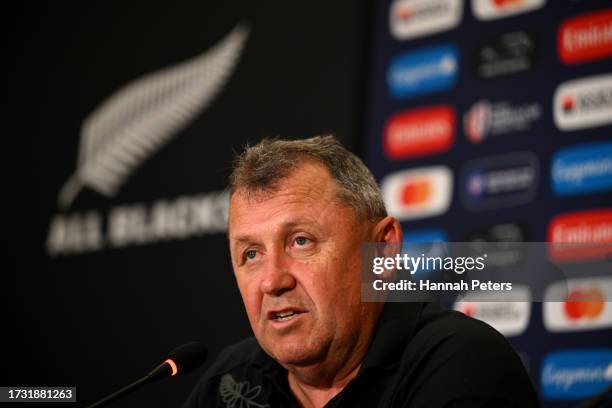 Head coach Ian Foster of the All Blacks talks to the media during a press conference following a New Zealand All Blacks training session at INSEP...