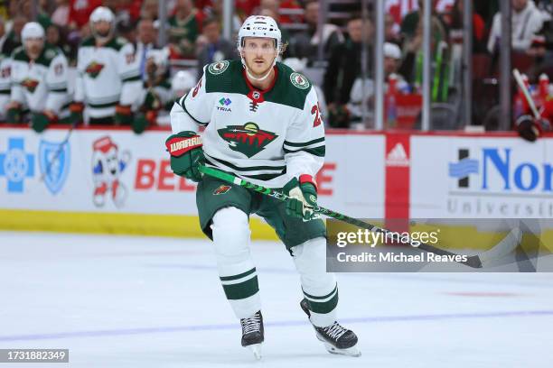 Jonas Brodin of the Minnesota Wild skates against the Chicago Blackhawks during the first period of a preseason game at the United Center on October...