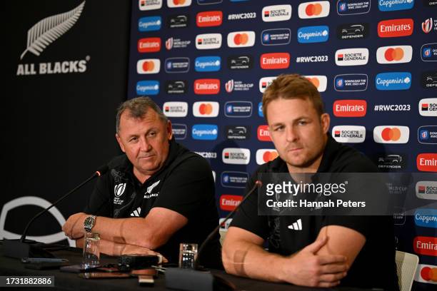 Head coach Ian Foster and Sam Cane of the All Blacks talk to the media during a press conference following a New Zealand All Blacks training session...