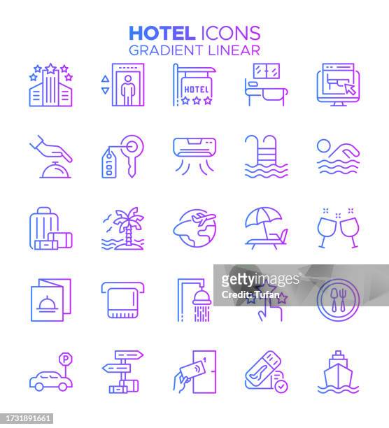 hotel - gradient thin line vector icon set - travel, luxury, tourism, vacations, tourist resort, hotel reception, restaurant, hostel, apartment - motel stock illustrations