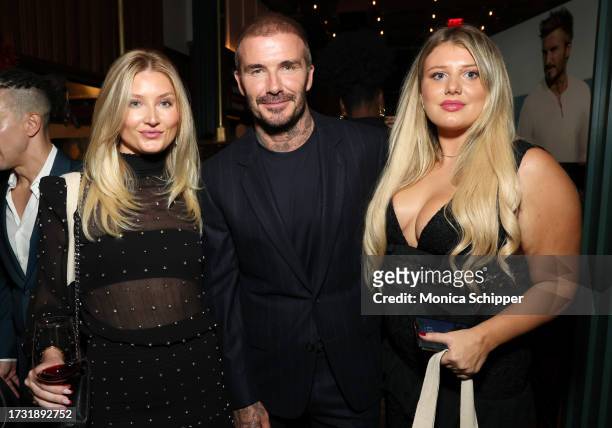 Audrey Jongens, David Beckham and Meg Radice attend the David Beckham Fragrances Launch Party at Torrisi Bar and Restaurant on October 11, 2023 in...