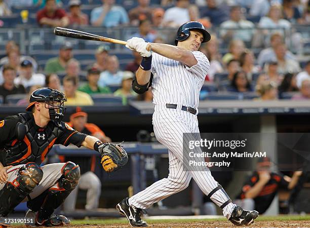 Travis Hafner of the New York Yankees bats against the Baltimore Orioles at Yankee Stadium on July 5, 2013 in the Bronx borough of New York City.