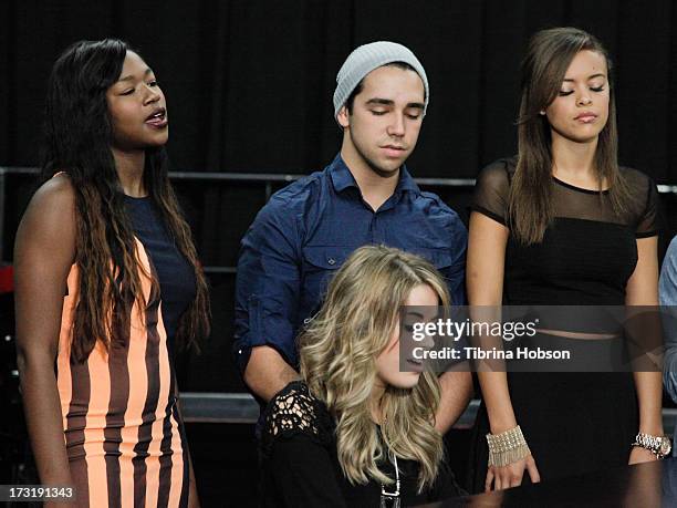 Amber Holcomb, Angie Miller, Lazaro Arbos and Aubrey Cleland perform at the 2013 American Idol Live! summer tour rehearsals on July 9, 2013 in...