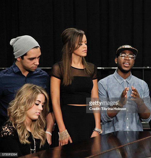 Angie Miller, Lazaro Arbos, Aubrey Cleland and Burnell Taylor perform at the 2013 American Idol Live! summer tour rehearsals on July 9, 2013 in...