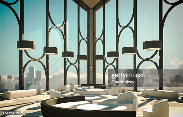 skyscapers modern lobby above clouds and city - chaise lounge bildbanksfoton och bilder