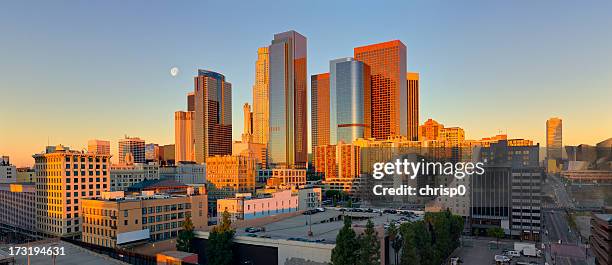 panoramic view of downtown los angeles at sunrise - us bank tower stock pictures, royalty-free photos & images