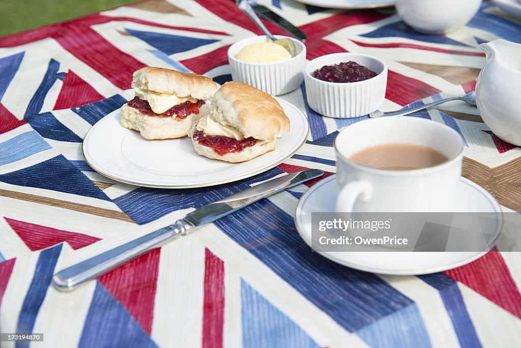 Traditional English tea on patriotic tablecloth