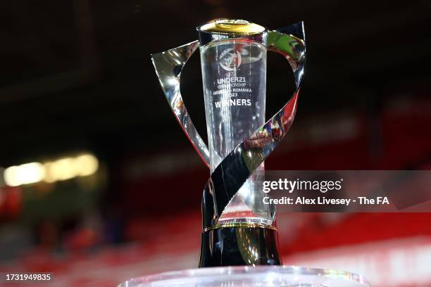 The UEFA Under 21 Championship winners trophy is seen prior to the UEFA U21 EURO Qualifier match between England and Serbia at City Ground on October...