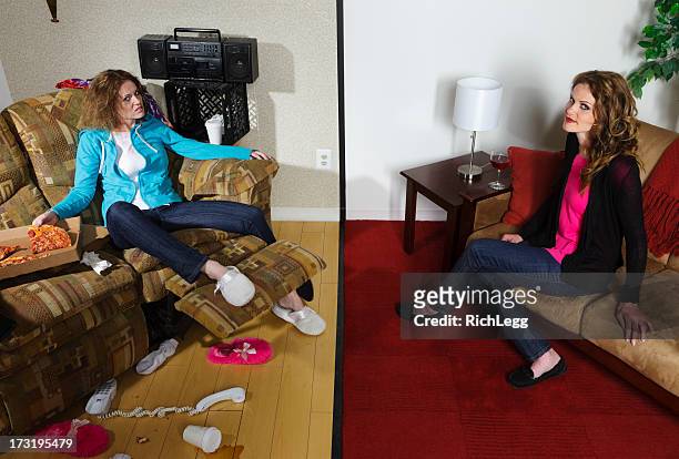 split personality - apartment cross section stock pictures, royalty-free photos & images