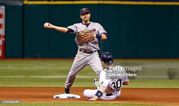 Infielder Brian Dozier of the Minnesota Twins attempts to turn a double play as Luke Scott of the Tampa Bay Rays breaks it up during the game at...