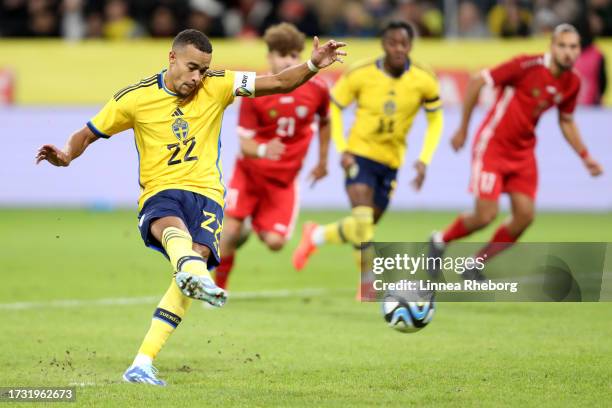 Robin Quaison of Sweden takes a penalty kick which is saved during the international friendly match between Sweden and Moldova at Friends Arena on...