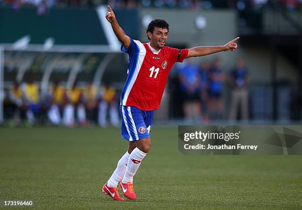 Michael Barrantes of Costa Rica celebrates his goal against Cuba during the 2013 CONCACAF Gold Cup on July 9, 2013 at Jeld-Wen Field in Portland,...