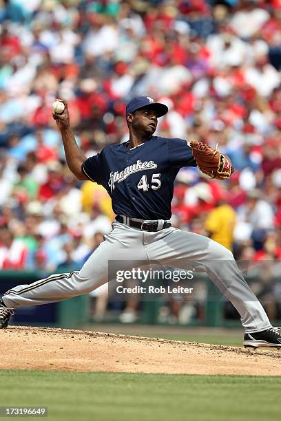 Alfredo Figaro of the Milwaukee Brewers pitches during the game against the Philadelphia Phillies at Citizens Bank Park on June 2, 2013 in...