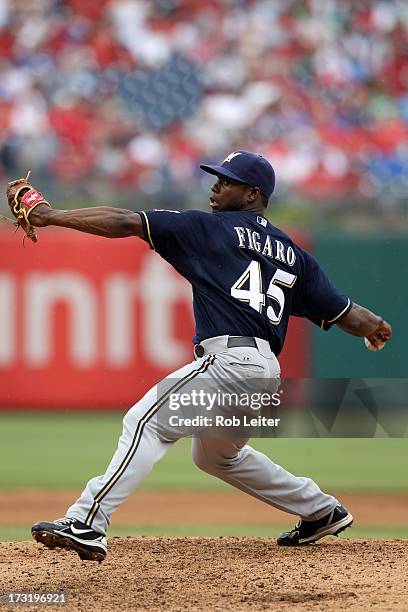 Alfredo Figaro of the Milwaukee Brewers pitches during the game against the Philadelphia Phillies at Citizens Bank Park on June 2, 2013 in...