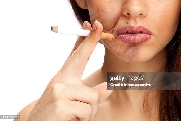 the effects of smoking (area on face is aged) - smoking issues stock pictures, royalty-free photos & images