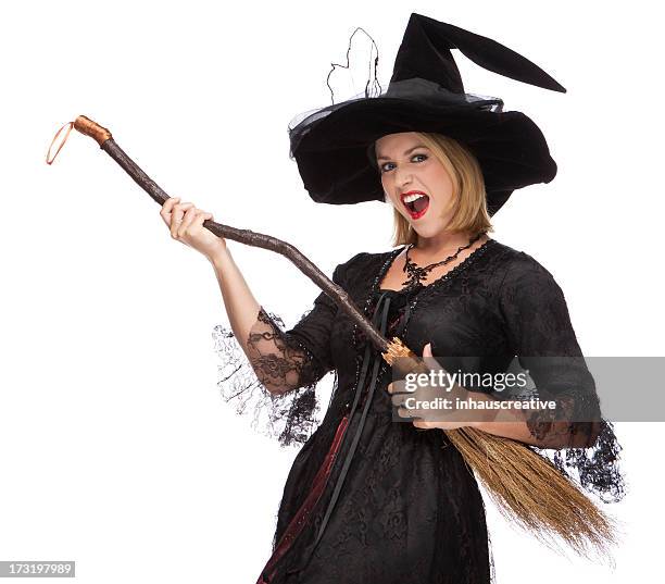 happy halloween witch with broom - witch hat stock pictures, royalty-free photos & images