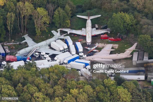 In an aerial view, old abandoned aircraft at Bruntingthorpe Aerodrome on October 2023 in Bruntingthorpe, United Kingdom.