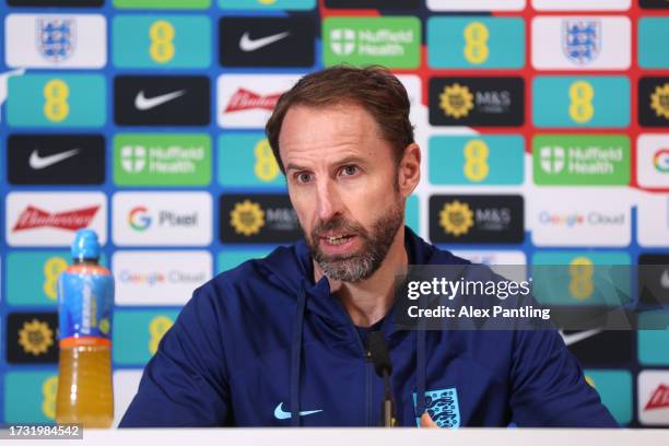Gareth Southgate, Manager of England speaks to the media during an England Men Press Conference at Tottenham Hotspur Training Centre on October 12,...