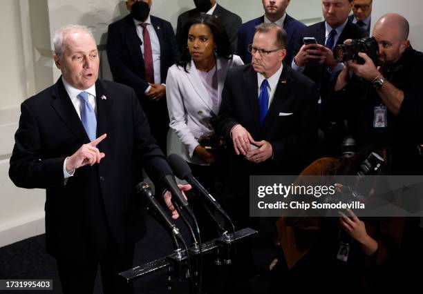 House Majority Leader Steve Scalise speaks to reporters as he leaves a House Republican caucus meeting at the U.S. Capitol on October 12, 2023 in...